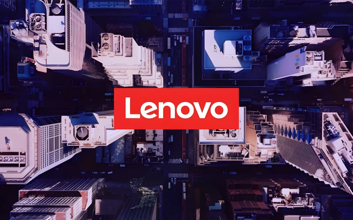 Logo de Lenovo sobre vista aérea de ciudad, destacando sus resultados financieros récord