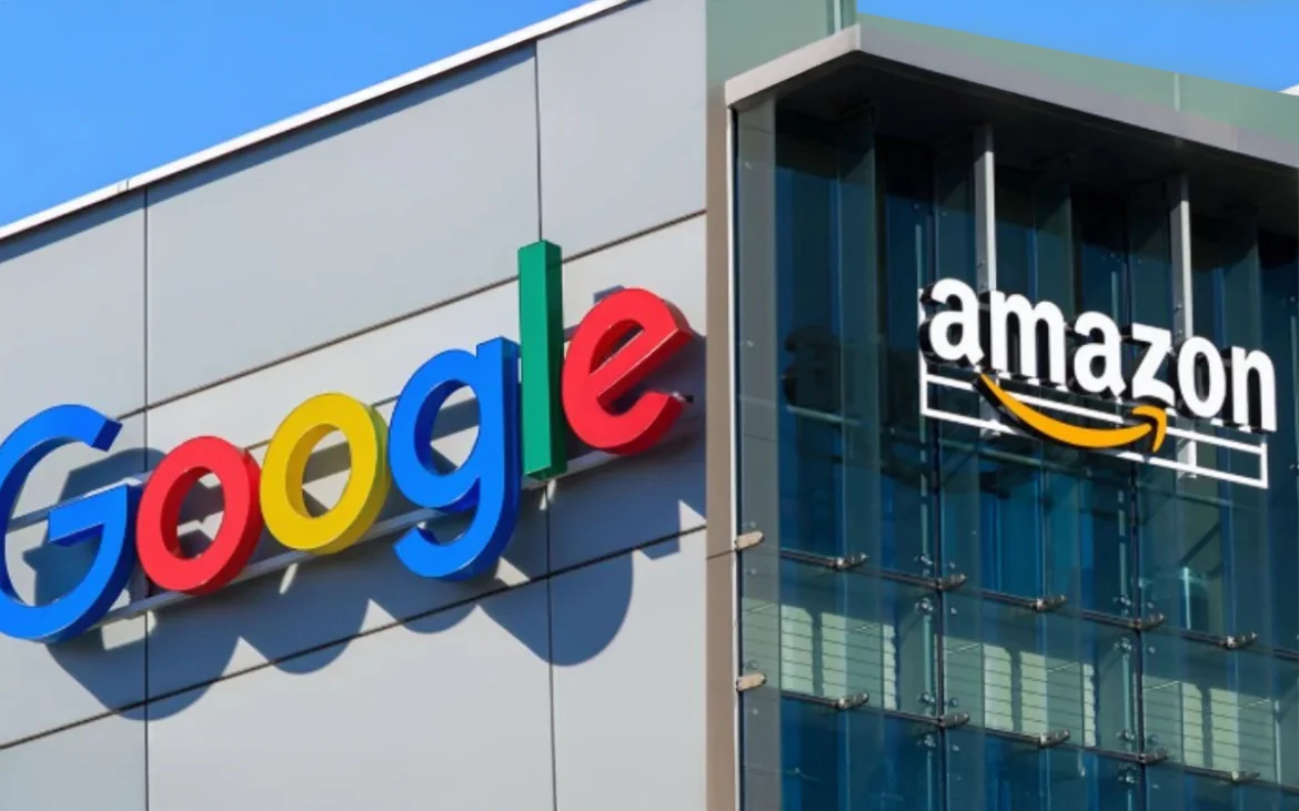 Edificio corporativo moderno con los logos de Google Cloud y AWS