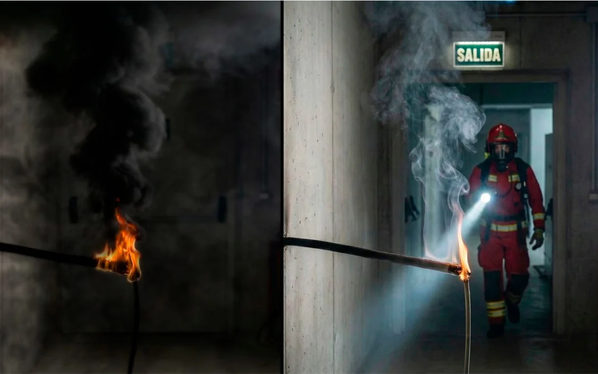 Comparación entre cable convencional y cable LSOH con menor humo, con bombero ingresando durante una emergencia