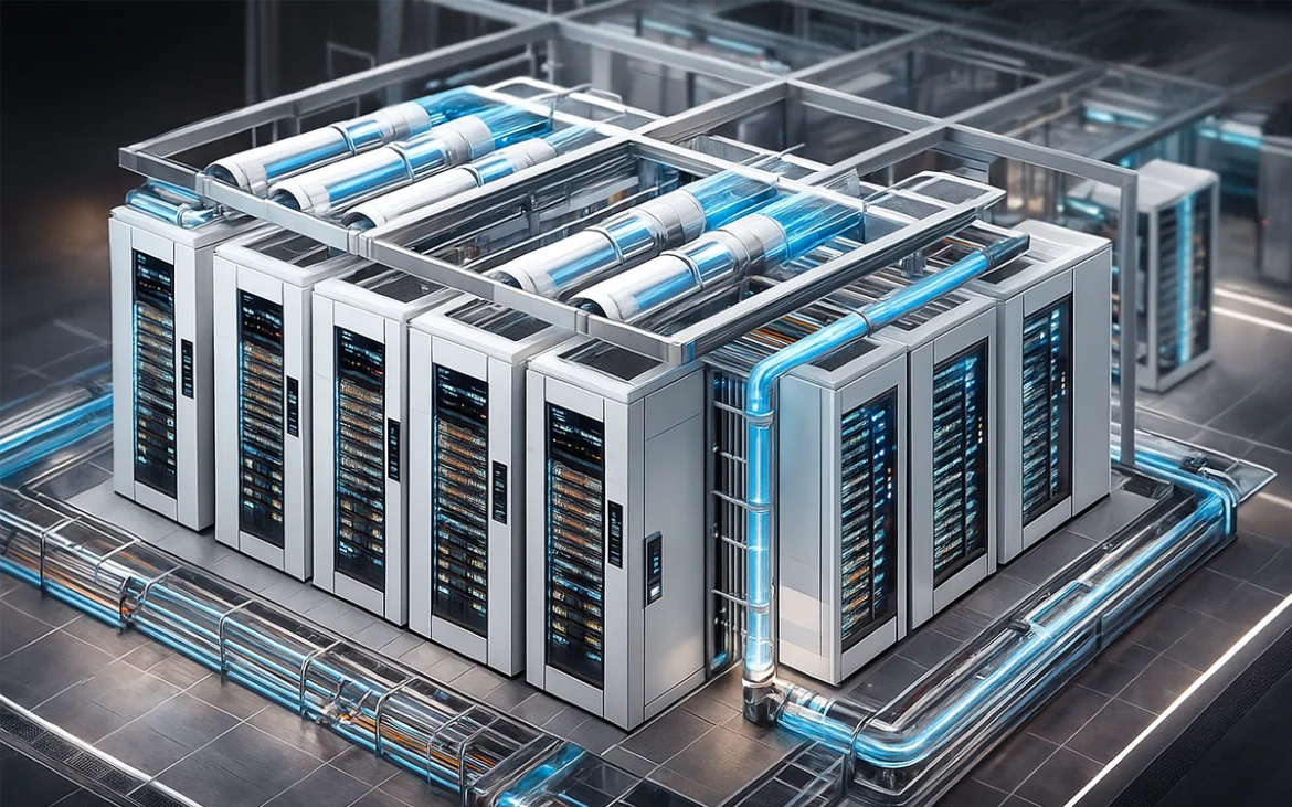 Centro de datos isométrico con gabinetes blancos y sistema de liquid cooling avanzado