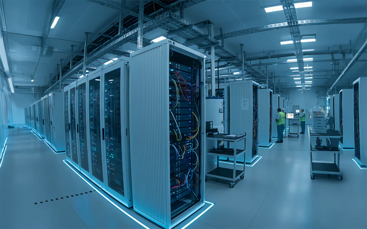 Data center moderno con racks iluminados y personal técnico durante operaciones críticas