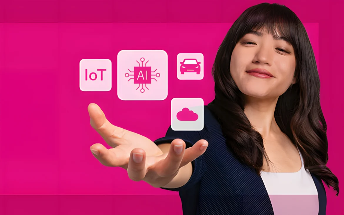 Profesional interactuando con íconos de IA e IoT sobre fondo magenta de Kioxia