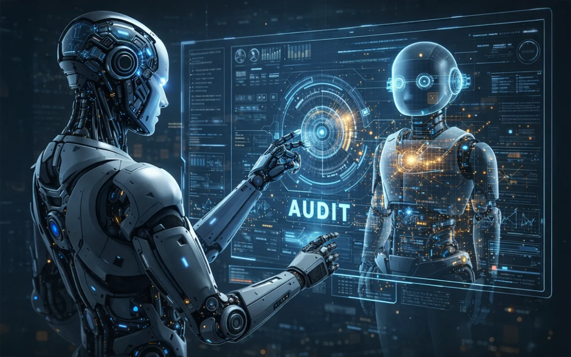 IA auditando a otra IA mediante panel holográfico de verificación y análisis algorítmico