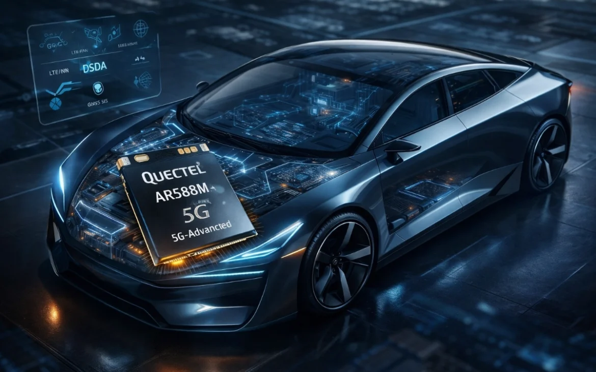 Quectel AR588MA: módulo 5G-Advanced automotriz integrado en auto eléctrico conceptual