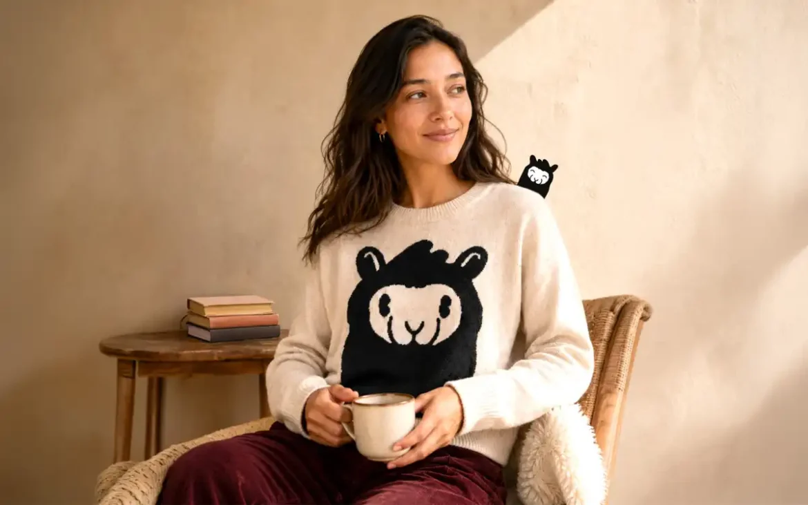 Mujer luce prenda con personaje inspirado en una llama andina