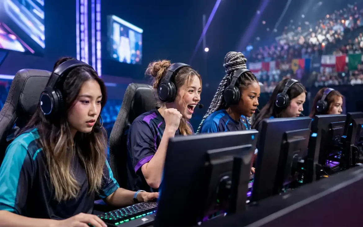 Equipo diverso de chicas gamer compite en un torneo global de esports