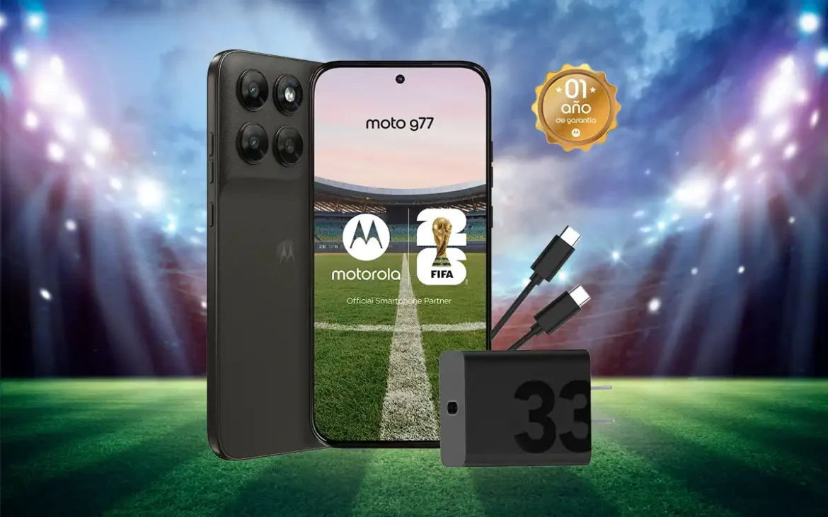Smartphone Motorola moto g77 5G con accesorios y cargador rápido